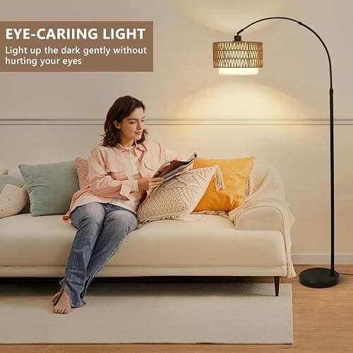 eyassi Arc Floor Lamp with Remote, Modern LED Floor Lamp with Dimmable Bulb, Boho Farmhouse Standing lamp with Fabric & Rattan Lampshades, Height Adjustable Black Tall Lamp for Living Room Bedroom thumbnail 9