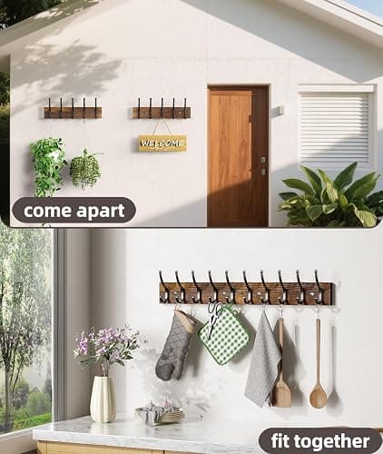 Optish 2 Pack Wooden Coat Rack Wall Mount, 16.1" Rustic Coat Hanger Hooks with 10 Double Hooks, Wall Coat Rack for Hat, Clothes, Bags, Jacket, Brown thumbnail 7
