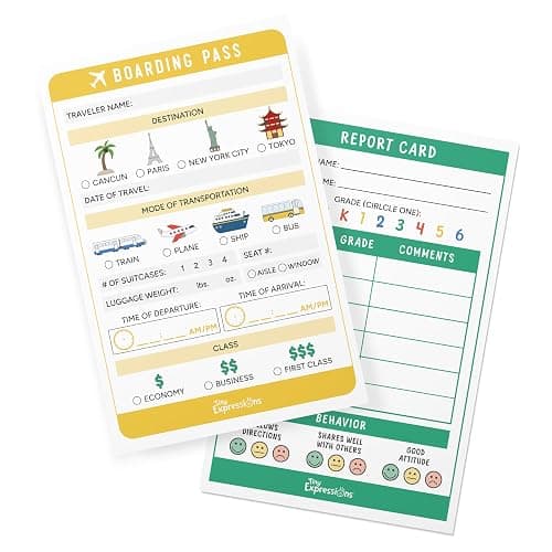 Tiny Expressions Kids Pretend Play Notepads - Boarding Pass & Report Card | 40 Pages Boarding Pass Notepad, 40 Pages Classroom Report Card Notepad, Travel Booking Agent &Teacher Imaginative Role Play - Image 1
