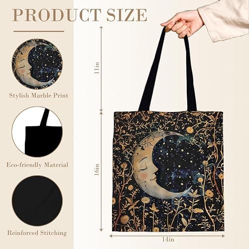 LADOCK Boho Floral Crescent Moon Tote Bag, Witchy Gothic Moon and Stars Canvas Tote Bags for Women, Mystical Celestial Boho Botanical Reusable Grocery Shopping Bags thumbnail 6