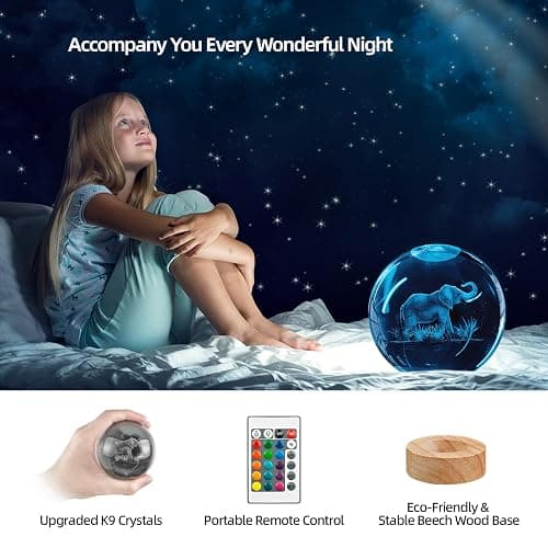 3D Elephant Crystal Ball Night Light With 16 Color Wooden Base, Upgraded 3.15 Inch Glass Ball Lamp With Remote for Birthday Holiday Xmas, Cool Toy Decor Gifts for Boys Girls Kids thumbnail 5