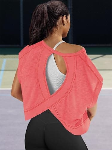 Panadila Womens Open Back Workout Top Oversized Workout T Shirts Backless Athletic Shirt Short Sleeve Baby Tee thumbnail 3