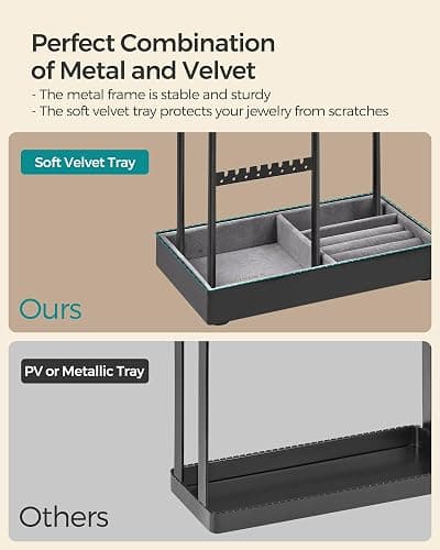 SONGMICS Jewelry Holder, Jewelry Organizer, Jewelry Display Stand with Metal Frame and Velvet Tray, Necklace Earring Bracelet Holder, for Studs, Rings, Christmas Gift, Black UJJS021B01 thumbnail 6