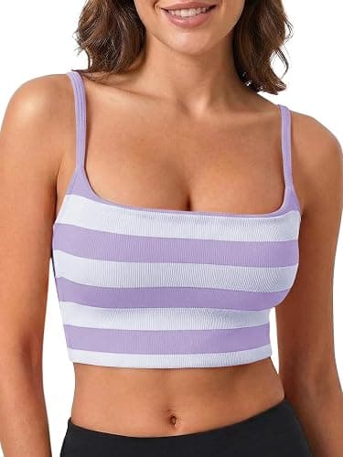 Aoysky Womens Striped Square Neck Sports Bras Spaghetti Straps Ribbed Padded Low Impact Yoga Workout Camisole - Image 1