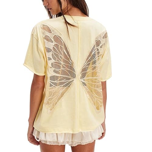 Women Butterfly Cutout Shirt Short Sleeve Crew Neck Solid Color Loose Fit Tee Vintage Y2K Streetwear Oversized Top - Image 1