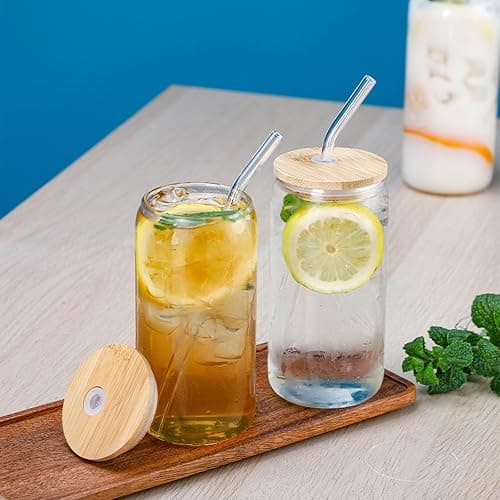 4-Pack 16oz Can Shaped Glass Cups Set, Drinking Glasses with Bamboo Lids and Glass Straw, Beer Glasses, Iced Coffee Glasses, Clear Cute Tumbler Cup, Ideal for Cocktail, Coke, Soda(2 Cleaning Brushes) thumbnail 5