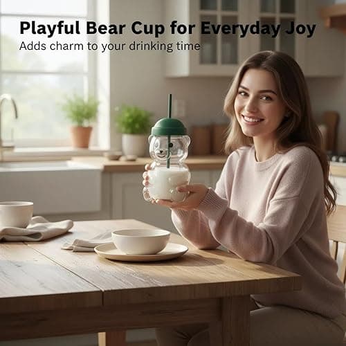 Carorioxy Glass Bear Cup With Straw Lid Teddy Hat Coffee Mug Cups And Jar Glasses Drinking Shaped Straws Honey Tumbler Iced Clear Drink Sippy Bearcup Bottle Water Cute Jars Green Vasos Lids (1) thumbnail 5