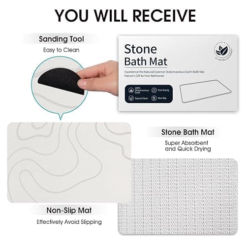 ZIKIBL Stone Bath Mat Diatomaceous Earth Shower Mat Non-Slip Super Absorbent Diatomite Stone Mats for Bathroom Floor/Ktichen Cuonter Quick-Drying Easy to Clean (24''*16''White) thumbnail 5