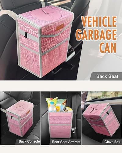 Pritent Car Trash Can with Lid, Cute Leakproof Car Trash Garbage Bag Hanging Vehicle Trash Bin Small Portable Automotive Garbage Cans Organizer for Back/Front Seat/Console(Trapezoid,Pink Print) thumbnail 6