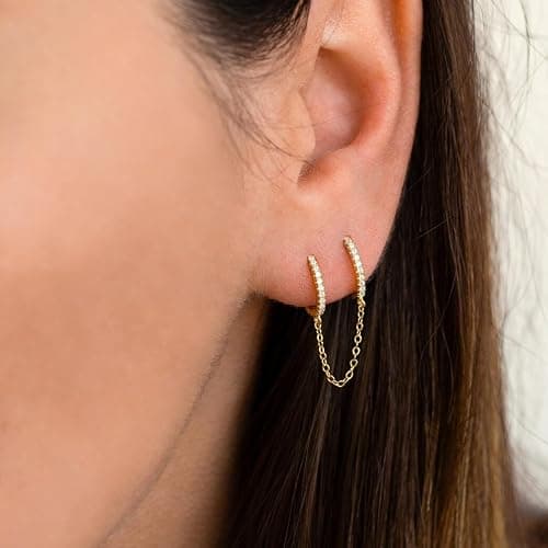 CERSLIMO Small Huggie Hoop Earrings for Women, 14K Gold Plated Sterling Silver Post Chain Hoops Hypoallergenic Dangle Drop Earrings thumbnail 2