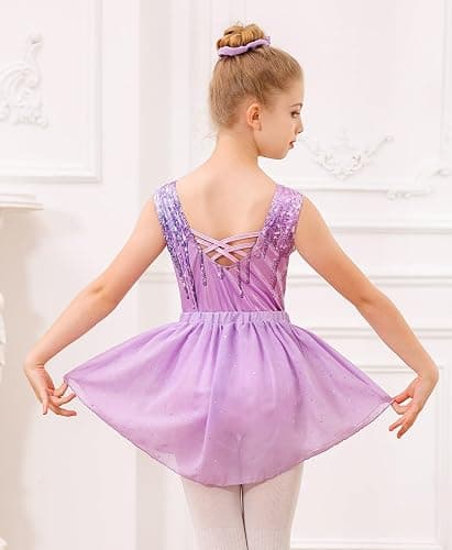 Idgreatim Gymnastics Leotards for Girls 3-Piece Outfit with Skirt 4-11Y | 3-piece set: foil-print leotard, removable sequin skirt and matching scrunchie; crisscross back; 95% polyester, 5% spandex. thumbnail 5