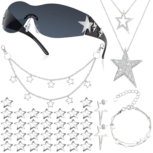 Fingertip WD Y2k Accessories Set Included Star Y2k Silver Necklace | Grunge Layered Necklace Y2K Sunglasses Y2k Star Silver Hair Clips Keychain Hip Hop Pants Chain Vintage Jewelry Set for Women - Image 1