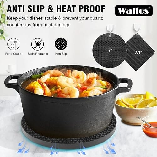 Walfos Silicone Trivet Mats - 4 Heat Resistant Pot Holders, Multipurpose Non-Slip Hot Pads for Kitchen Potholders, Hot Dishers, Jar Opener, Spoon Holder, Food Grade Silicone & BPA Free (Black) thumbnail 6