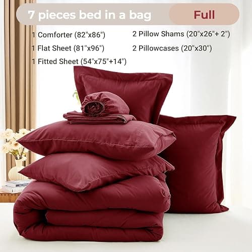 MUXHOMO 7 Pieces Full Comforter Set, Soft Bed in a Bag Full Size, All Season Bedding Set with Comforter, Flat Sheet, Fitted Sheet, Pillowcases & Shams, Burgundy Red thumbnail 5