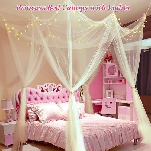 Obrecis White Bed Canopy with Lights for Girls Bedroom Decor, 8 Corner Princess Canopy Bed Curtains with Warm White LED Star String Lights Remote Control Canopy for Bed Twin Full Queen King Size Bed thumbnail 3