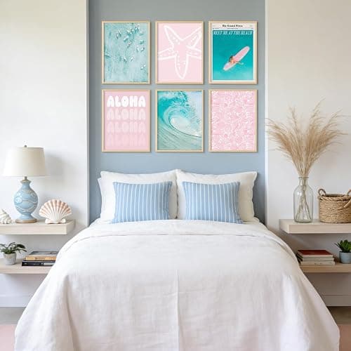 Coastal Wall Art Beach Canvas Poster Summer Surf Wall Decor Pink and Bule Pictures Preppy Aesthetic Prints Ocean Granddaughter Artwork Surfboard Starfish Painting for Girls Bedroom 8x10 Inch Unframed thumbnail 6