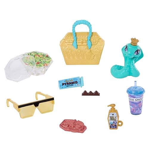 Monster High Doll, Cleo De Nile in Crop Top and Golden Denim Cargo Pants with Pet Snake Hissette and 7 Accessories Like Salad, Smoothie and Purse thumbnail 6