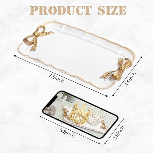 Warmtree Vintage Jewelry Organizer, Decorative Tray for Jewelry, Towel, Storage, Rings, Bracelets, Earrings, Cosmetics, Retro Design, Bow Decor Resin Plate Coquette for Room Decor, White thumbnail 4