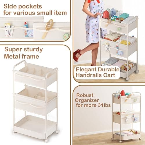 Baby Diaper Caddy, Premium Metal& Felt Movable Cart with Dividers for Newborn Nursery Essentials, Large Capacity Detachable Bedside Cart Organizer for Changing Table &Crib, Easy Assembly- Beige thumbnail 7