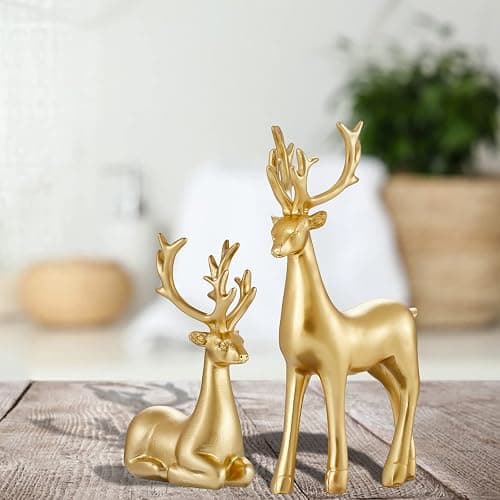 Christmas Decoration 2PCS Reindeer Resin Ornaments Mother Child Deer Couple Deer Sculpture used for Living Room Bookshelf Bedroom Wine Cabinet Decoration to Enhance Atmosphere (Gold Smooth) thumbnail 2