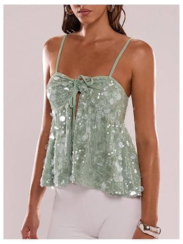 MakeMeChic Women's Sequin Cami Top Ruffle Sparkly Tie Front Split Party Club Tops thumbnail 2