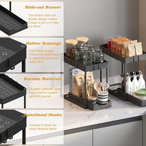 Meltrck Küchen Organizer - 2 Stück Unter Waschbecken Regal Organizer - Ausziehbares Lagerregal Organizer mit 16 Haken,Schwar thumbnail 7