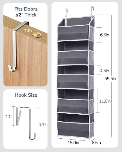 ULG 1 Pack Over Door Organizer with 5 Large Pockets 10 Mesh Side Pockets, 44 lbs Weight Capacity Hanging Storage Organizer with Clear Window Kids Toys, Shoes, Diapers, Dark Grey, 5 Layers thumbnail 2
