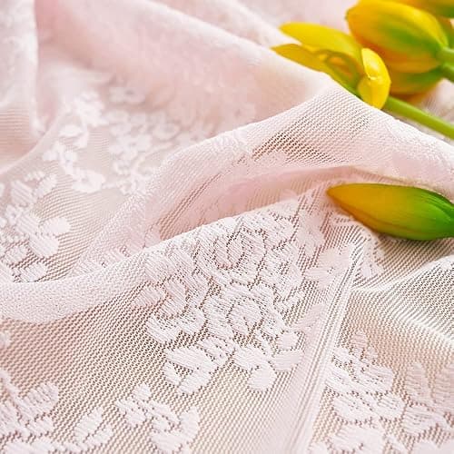 YJ YANJUN Vintage Lace Curtains 63 Inches Length- Cute Sheer Pink Curtains for Girls Bedroom Light Pink Floral Short Window Drapes Princess Girls Room Coquette Decor 2 Panels 52 x63 Inch thumbnail 8