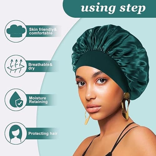 4PCS Silk Satin Bonnets for Black Women & Men - Elastic Wide Band Hair Wrap Cap for Curly Hair - Shower Cap for Sleeping (Black, Peacock Blue, Pink, Khaki) thumbnail 3