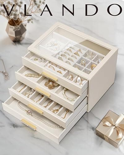 Vlando 4 Layer Jewelry Box for Women, Glass Lid Jewelry Organizer with 4 Drawers for Necklaces Rings Earrings Bracelets - Cloud White thumbnail 7