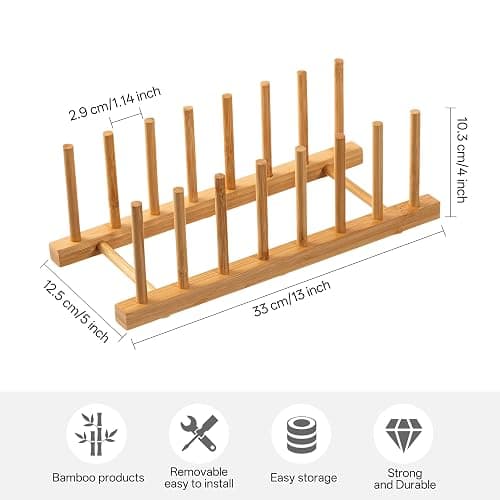 HBlife 2-Pack Bamboo Wooden Dish Rack Holder Space-Saving Vertical Organizer for Plates, Cups, Pots, Lids, Bowls & Cutting Boards Kitchen Cabinet & Counter Storage thumbnail 3