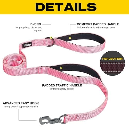 Fida 6 FT Heavy Duty Dog Leash with 2 Comfortable Padded Handles, Traffic Handle & Advanced Easy Snap Hook, Reflective Walking Lead for Large, Medium & Small Breed, Pink thumbnail 2