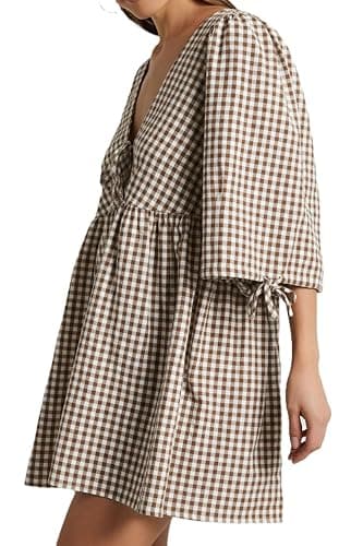 PINUPART Women's Gingham Puff Sleeve Tie Front Babydoll Mini Dress thumbnail 5