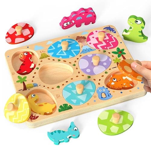Zeoddler Wooden Puzzles for Toddlers, 8 Pcs Dinosaur Matching Egg Puzzle, Montessori Toys for Boy Girl Easter Birthday Gifts, Preschool Learning Activities & Educational Toys for Boys, Girls - Image 1