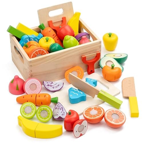 Wooden Play Food Sets for Kids Kitchen, Velcro Fruits & Veggies Cutting Set | Fake Food Play Kitchen Accessories, Learning Pretend Play for Toddlers 3-5 Boys Girls thumbnail 8