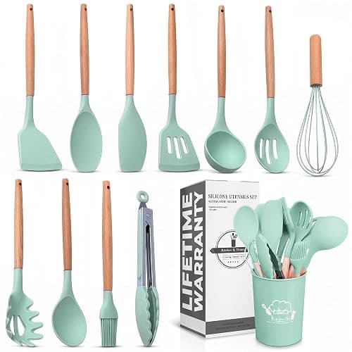 12 Pcs Kitchen Accessories Set with Holder, Silicone Heads (Light Green) | Kitchen Utensils Set for Cooking and Baking; Wooden Handles; Heat-Resistant up to 446°F; Non-Scratch for Nonstick Pans - Image 1