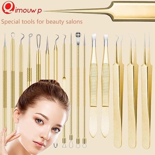 Blackhead Remover Tool, 16 PCS Pimple Popper Tool Kit, Tweezers Set for Eyebrows Hair Removal Pimple Blemish Acne Comedones Extractor Whitehead Cyst Removal Tool, for Nose Face Beauty Tools (Golden) thumbnail 5