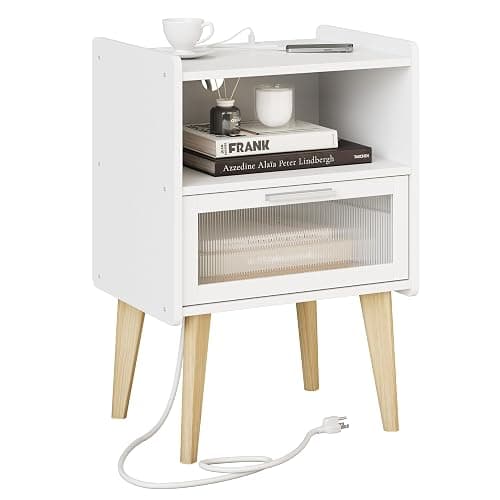 Nightstand with Charging Station, Bedside Tables with Glass Decorative Door, End Table Side Table with 2 Tiers Storage Space, for Bedroom, Living Room, White CAMLBZ07WE - Image 1