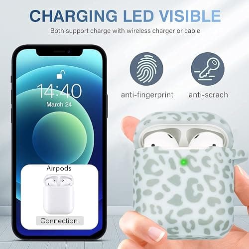 Leopard Silicone Compatible with Airpods Case, Gawnock Soft Cover Flexible Compatible with Airpods 2nd/1st Generation Floral Print Cover for Women Girls with Keychain - Light Green Leopard Cheetah thumbnail 2