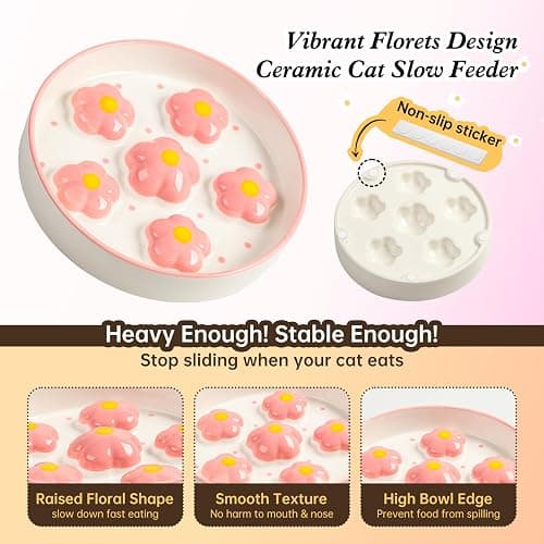 Ceramic Cat Slow Feeder Bowl - 6 OZ Puzzle Food Dish for Healthy Eating - Shallow Wide Whisker Friendly - Dishwasher Safe - 6.3 x 1.2 Inch - Blush Pink Flower thumbnail 4