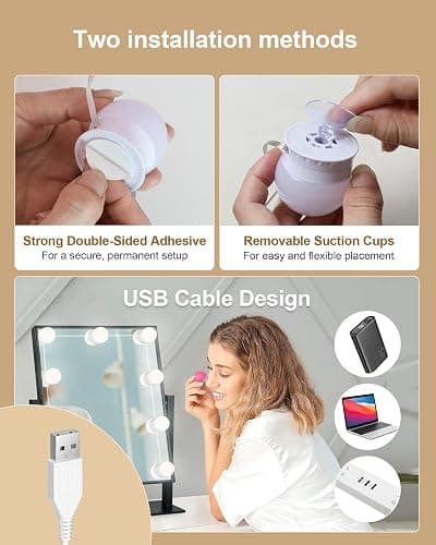 Yarnock 14 Bulbs LED Vanity Lights for Mirror, 3000K 4000K 6500K & 10-Brightness, Wire Length Adjustable, USB Cable, Hollywood Mirror Lights for Makeup Dressing Room Bathroom, White thumbnail 5