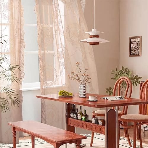 102 Inches Length Beige Lace Curtains for Bedroom 2 Panels Set Vintage Boho Curtains Sheer Floral Embroidery Ruffled Window Treatment thumbnail 3