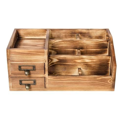 Liry Products Rustic Wooden Desktop Organizer Office Supplies Brown Tabletop Storage Cabinet Stepped Rack Multiple Compartments 2 Tier Drawers Makeup Accessory Jewelry Sorter Display Box Home Office thumbnail 7