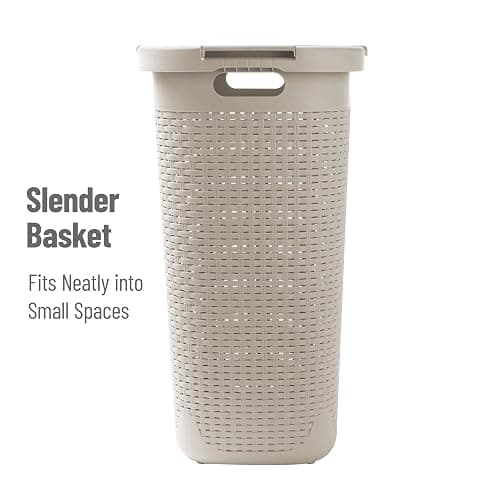 Mind Reader Slim Laundry Hamper with Lid, 60L Tall Clothes Basket, Narrow Tapered Design for Bathrooms, Closets and Laundry Rooms, Plastic, 2 Pack, Ivory thumbnail 6
