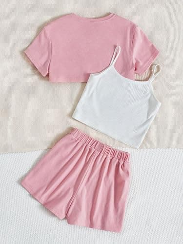 OYOANGLE Girl's 3 Pieces Summer Outfits Graphic Print Crop Tee Top and Cami Top with Shorts Set thumbnail 2