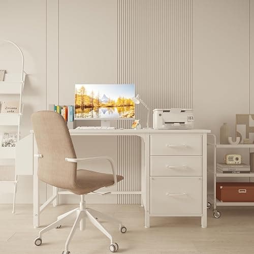 Lufeiya White Desk with File Drawers Cabinet, 47 Inch Reversible Computer Desk with Fabric Filing Cabinet for Bedroom Small Space Home Office, Modern Writing Table PC Desks, White thumbnail 2