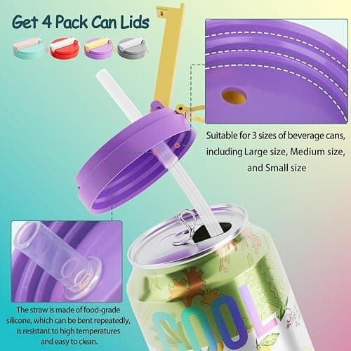 4-Pack Soda Can Lids - 3 Sizes Can Covers with Silicone Straws, Reusable BPA-Free, Spill-Proof & Airtight Seal, Easy to Use, Fits for S/M/L Sizes Cans for Soda, Beer, Juice, Seltzer thumbnail 4
