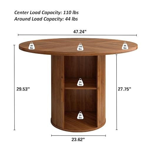 weselon 47 inch Round Dining Table for 4, Kitchen Table Dinner Table with 2-Layer Storage Shelf and Wood Slide Door for Home Dining Room Living Room (Walnut) - Walnut+hidden Storage thumbnail 2