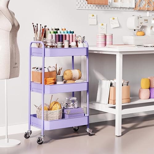TOOLF 3-Tier Metal Rolling Cart with Wheels, Storage Utility Organizer Cart for Kitchen, Bathroom, Office, Baby Essentials & Makeup - Lockable Casters, Easy Assembly, Large Capacity, Purple thumbnail 2