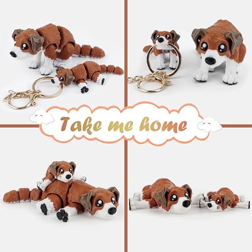 Waaaandefu 3D Printed Flexi Dog Set – Articulated Desk Figure 5.2 in with Mini Puppy Keychain 3.5 in, Gold & Spare Silver Ring, Poseable Collectible thumbnail 4
